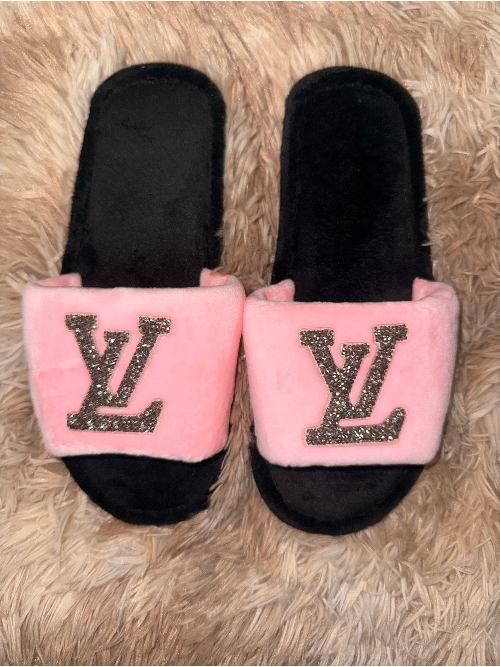 Luxe Inspired Pink Plush Slide Slippers with Embellished Logo
